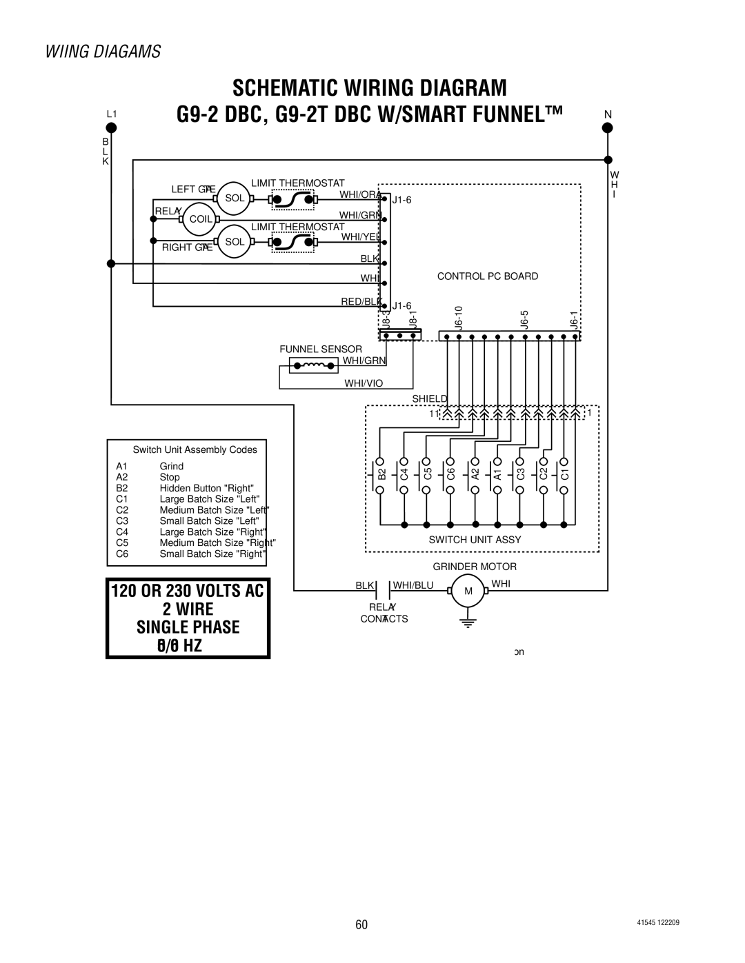 Bunn G9-2T DBC, LPG-2, G9WD, G1, FPG-2 service manual Wiring Diagrams, Wire Single Phase, 50/60 HZ 