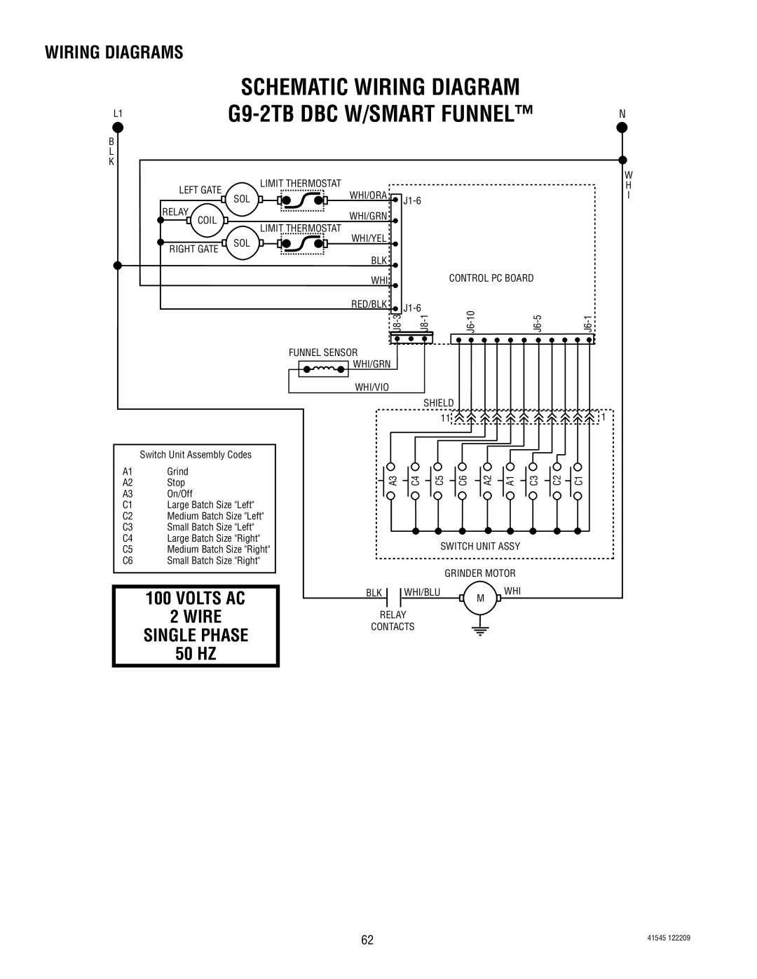 Bunn G1, LPG-2, G9WD, G9-2T DBC, FPG-2 service manual Volts AC Wire Single Phase, 50 HZ 