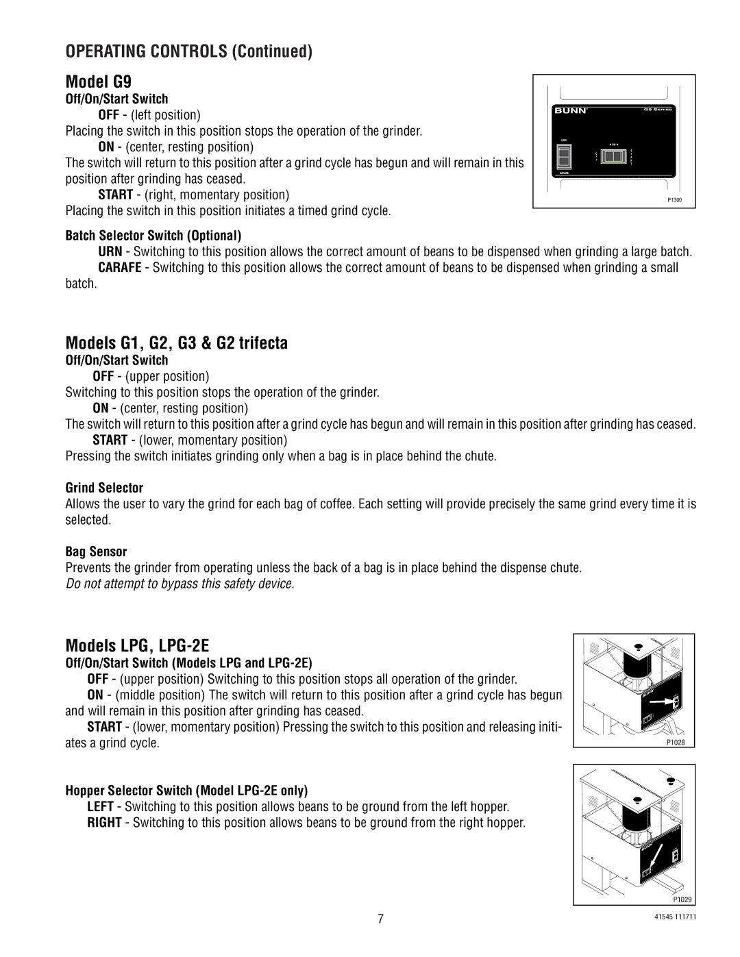 Bunn FPG-2, G9WD, G9-2T DBC service manual Model G9, Models G1, G2, G3 & G2 trifecta, Models LPG, LPG-2E 