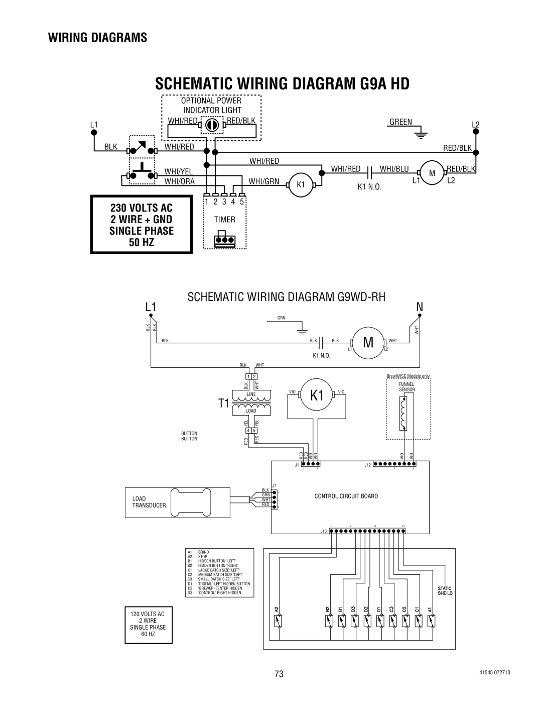 Bunn G9WD, LPG-2, G9-2T DBC, G1, FPG-2 service manual Schematic Wiring Diagram G9A HD, 50 HZ 