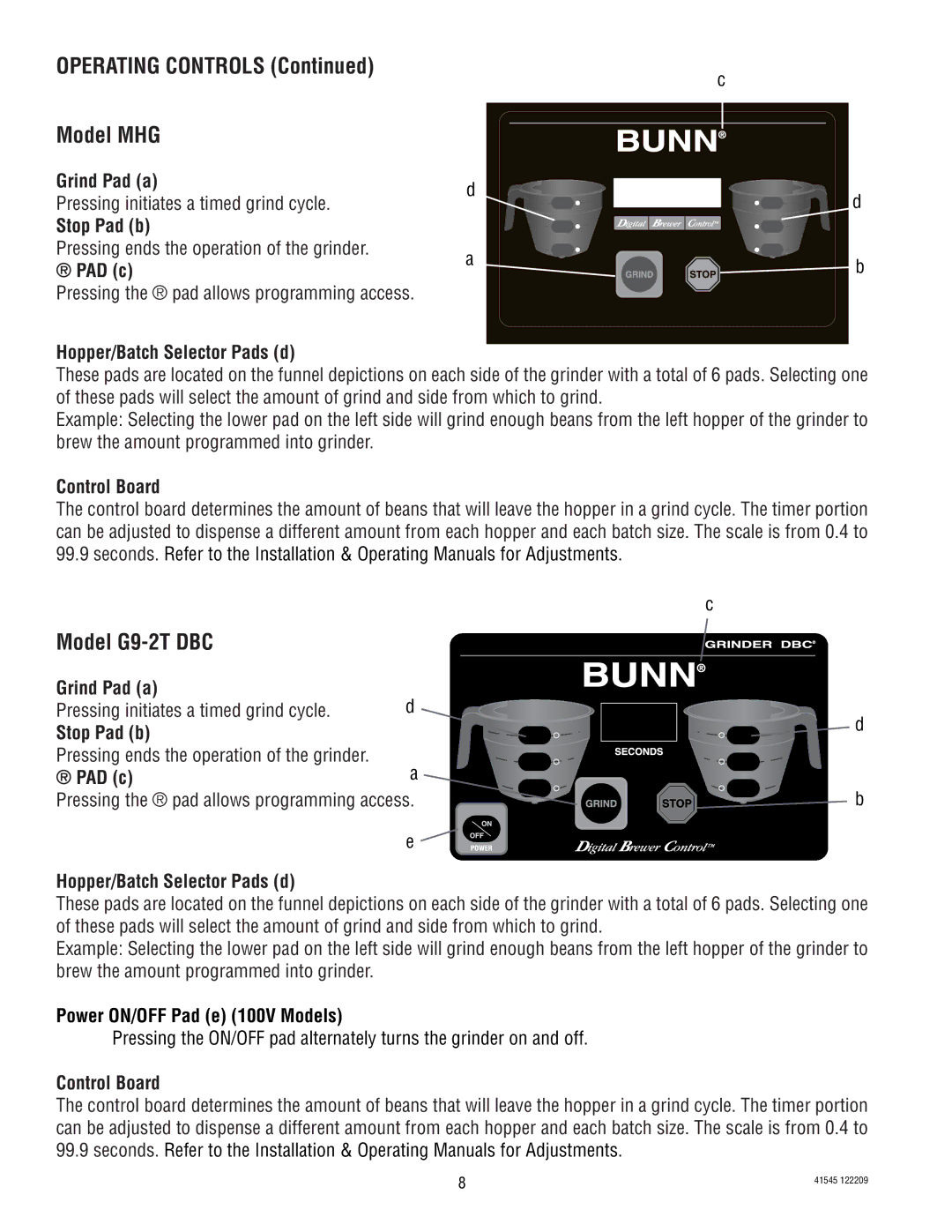 Bunn LPG-2, G9WD, G9-2T DBC, G1, FPG-2 service manual Operating Controls Model MHG, Power ON/OFF Pad e 100V Models 