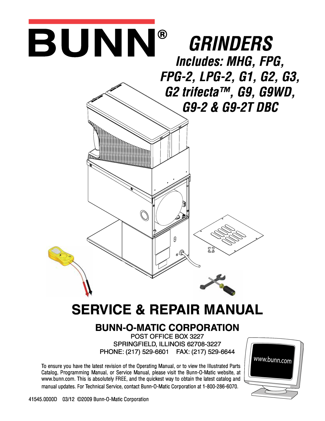 Bunn G9WD, LPG-2, G1, FPG-2 service manual Bunn-O-Matic Corporation, Grinders, Service & Repair Manual, G9-2 & G9-2T DBC 