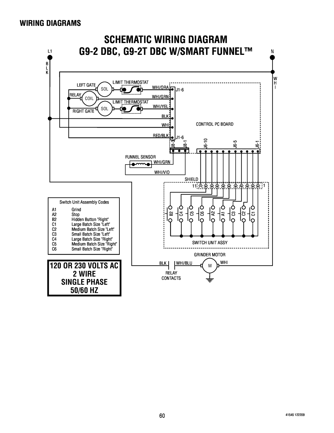 Bunn LPG-2 Schematic Wiring Diagram, G9-2 DBC, G9-2T DBC W/SMART FUNNEL, Wiring Diagrams, WIRE SINGLE PHASE 50/60 HZ 