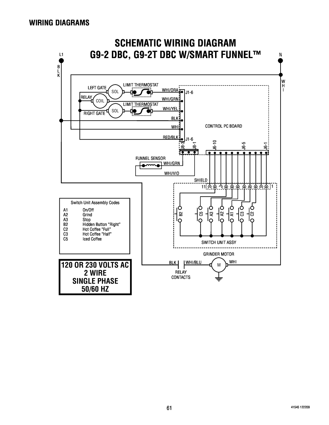 Bunn FPG, LPG-2 Schematic Wiring Diagram, G9-2 DBC, G9-2T DBC W/SMART FUNNEL, Wiring Diagrams, WIRE SINGLE PHASE 50/60 HZ 