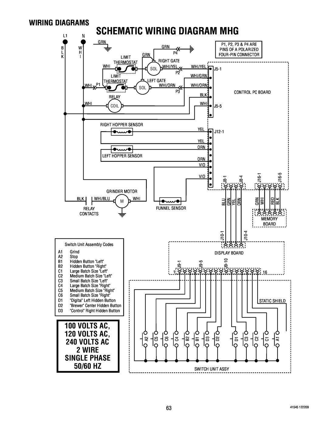 Bunn FPG-2, LPG-2, G9WD, G9-2T DBC Wire Single Phase, 50/60 HZ, Schematic Wiring Diagram Mhg, Wiring Diagrams, Volts Ac 