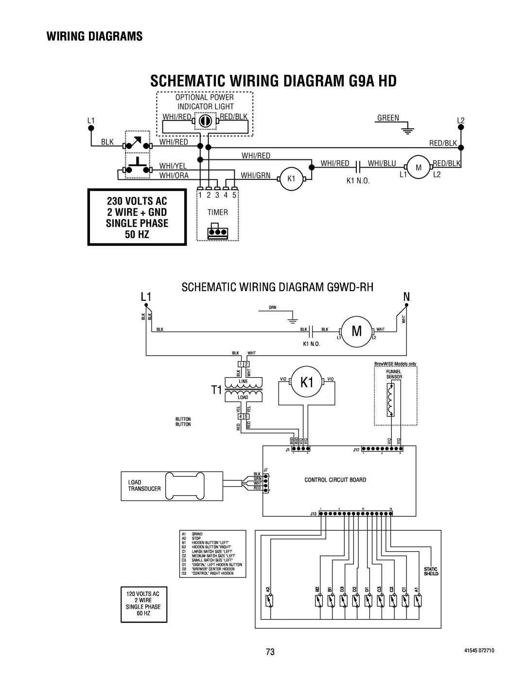 Bunn SCHEMATIC WIRING DIAGRAM G9A HD, 50 HZ, Wiring Diagrams, SCHEMATIC WIRING DIAGRAM G9WD-RH, Volts Ac, Wire + Gnd 
