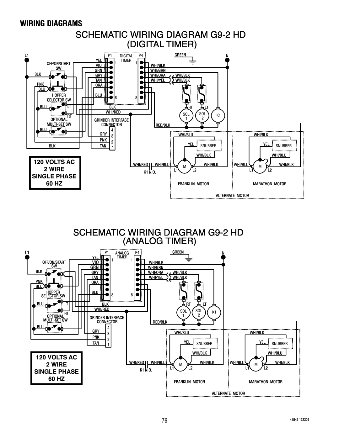 Bunn G9-2T DBC, LPG-2, G9WD, G1, FPG-2 service manual Wiring Diagrams 