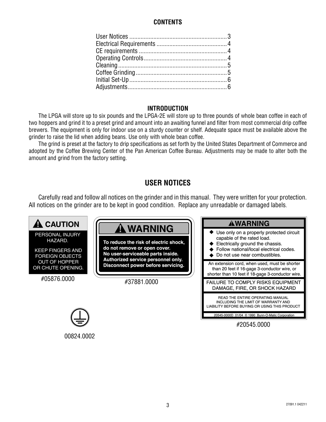 Bunn LPGA-2E service manual User Notices, Contents, Introduction 