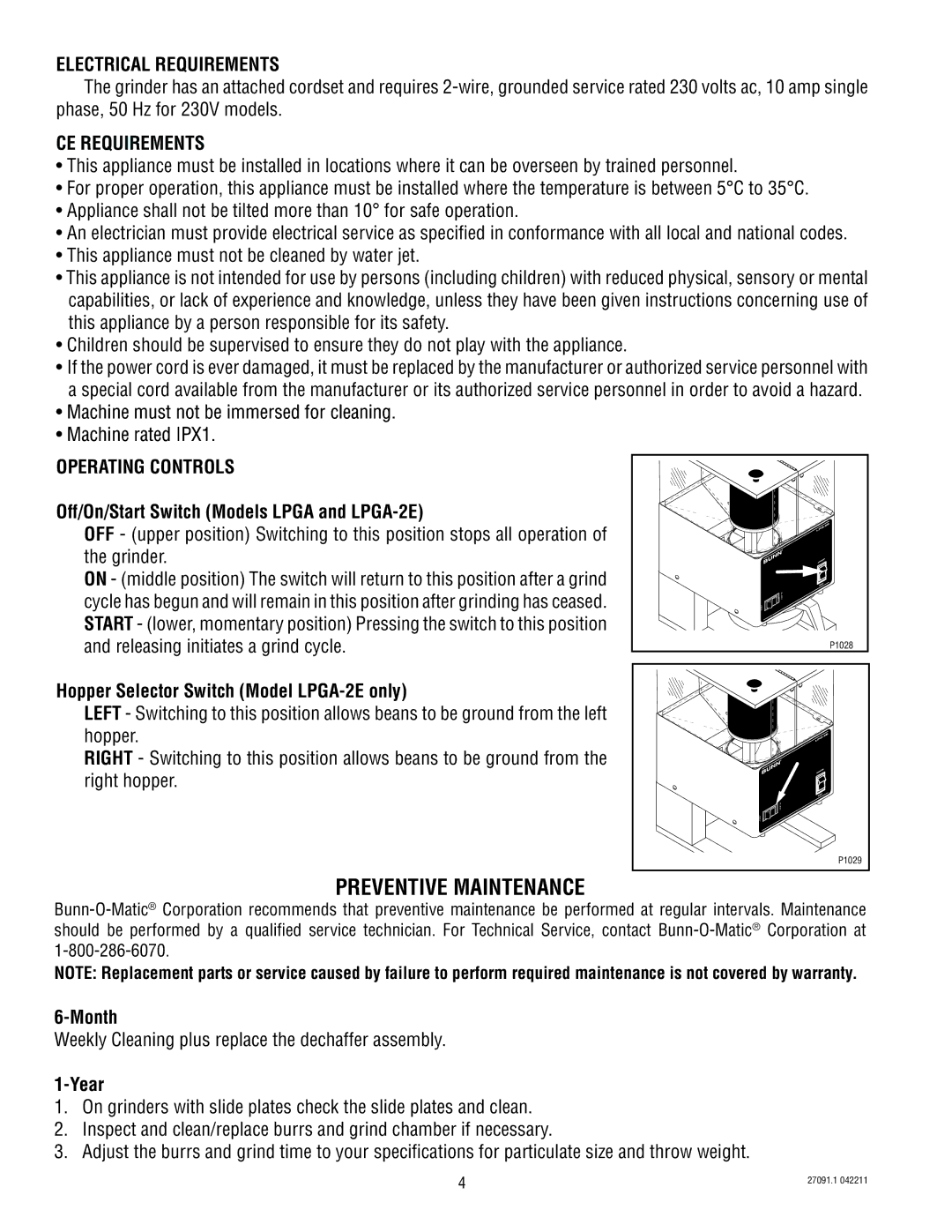 Bunn LPGA-2E service manual Electrical Requirements, CE Requirements, Operating Controls 