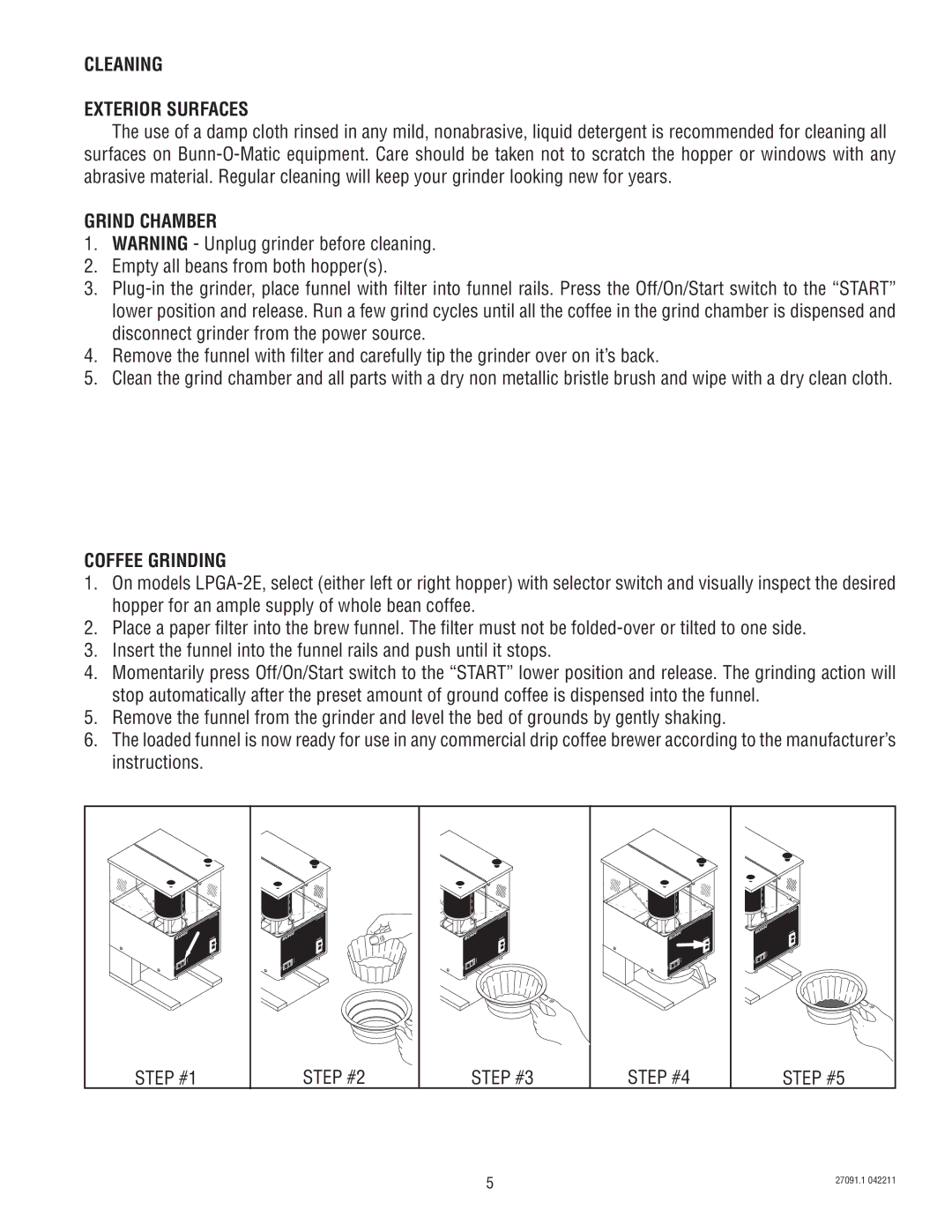 Bunn LPGA-2E service manual Cleaning Exterior Surfaces, Grind Chamber, Coffee Grinding 