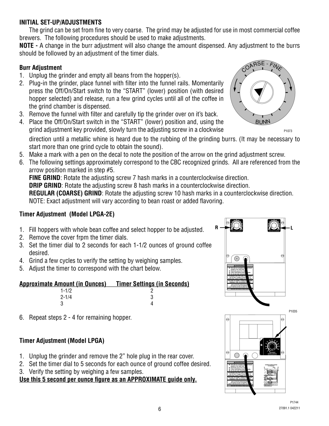 Bunn Initial SET-UP/ADJUSTMENTS, Burr Adjustment, Timer Adjustment Model LPGA-2E, Timer Adjustment Model Lpga 