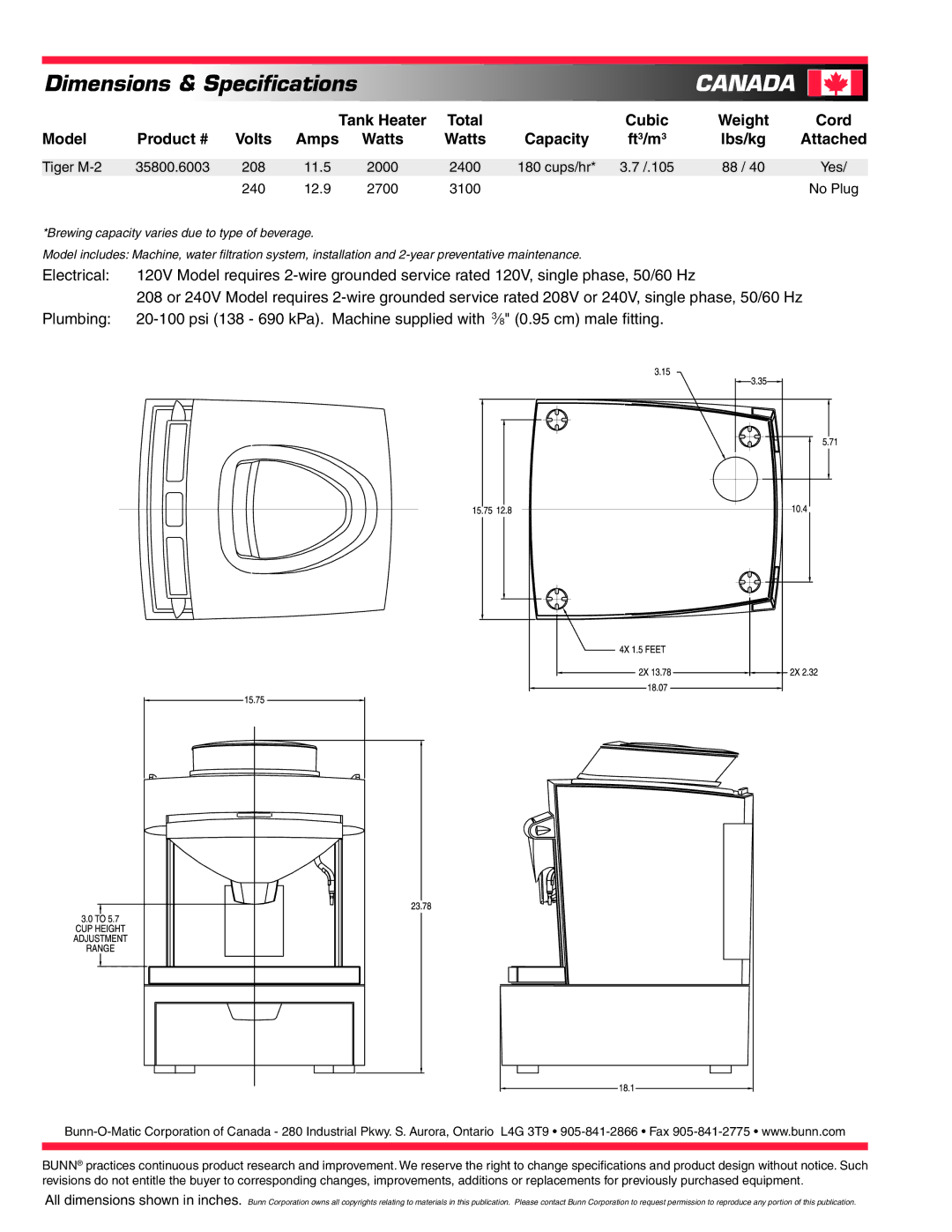 Bunn M-2 specifications Canada, Cubic, Cord 