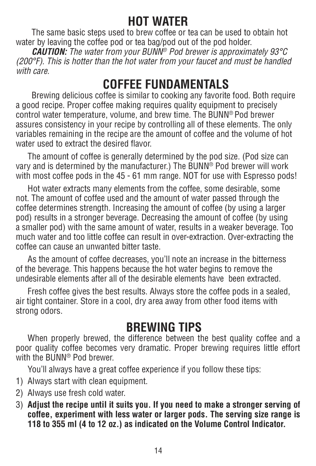 Bunn MCAA manual HOT Water, Coffee Fundamentals, Brewing Tips 