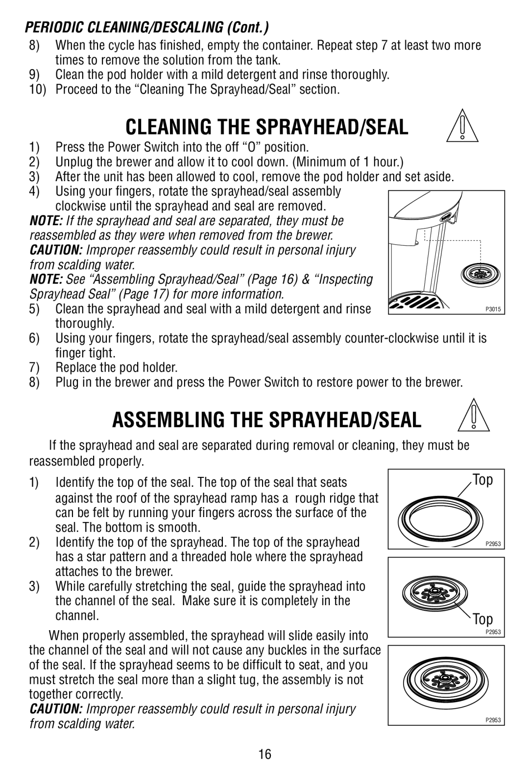 Bunn MCAA manual Cleaning the SPRAYHEAD/SEAL, Assembling the SPRAYHEAD/SEAL, Periodic CLEANING/DESCALING 