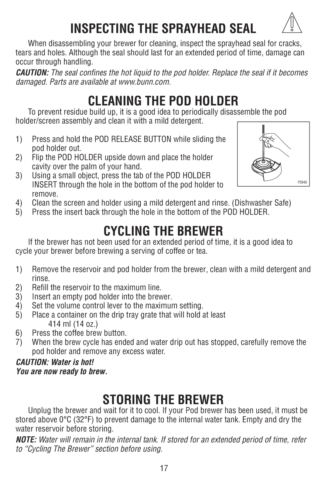 Bunn MCAA manual Inspecting the Sprayhead Seal, Cleaning the POD Holder, Cycling the Brewer, Storing the Brewer, Remove 