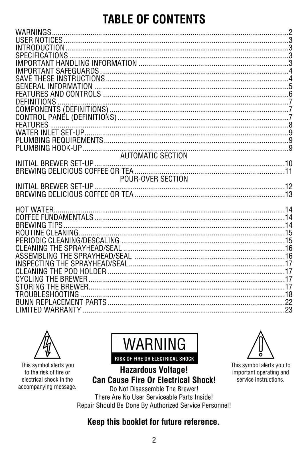 Bunn MCAA manual Table of Contents 