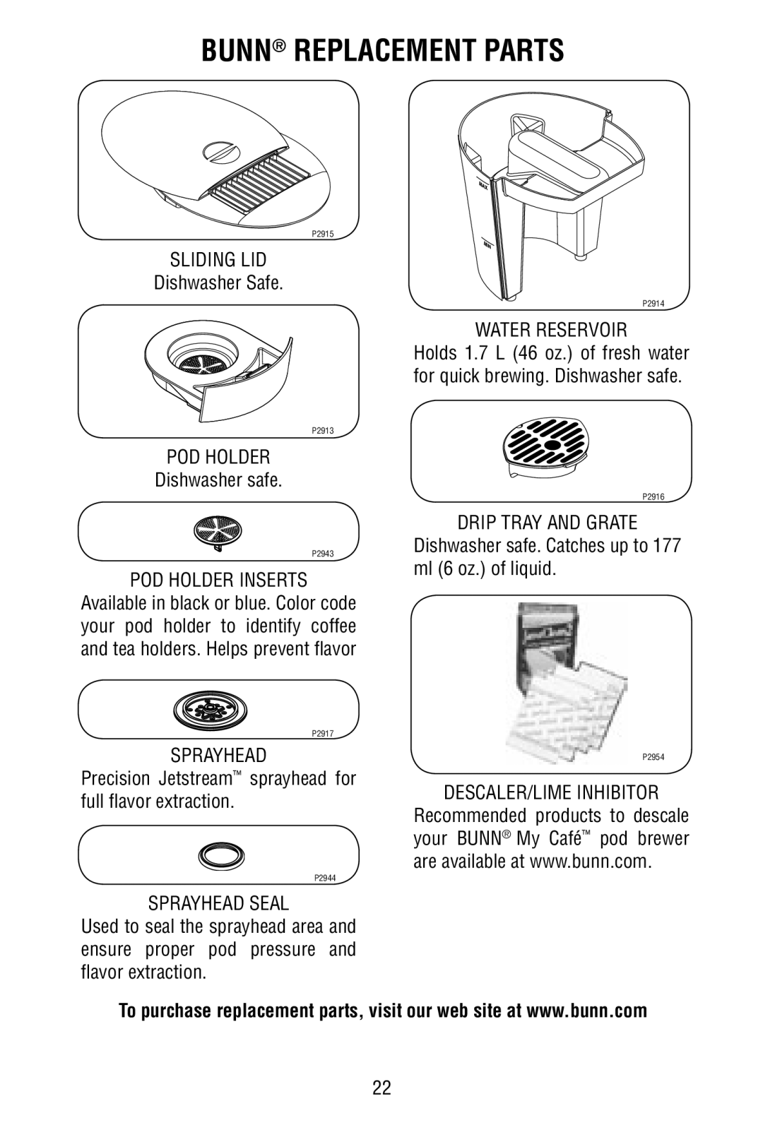 Bunn MCAA manual Bunn Replacement Parts, Dishwasher Safe, Dishwasher safe. Catches up to 177 ml 6 oz. of liquid 