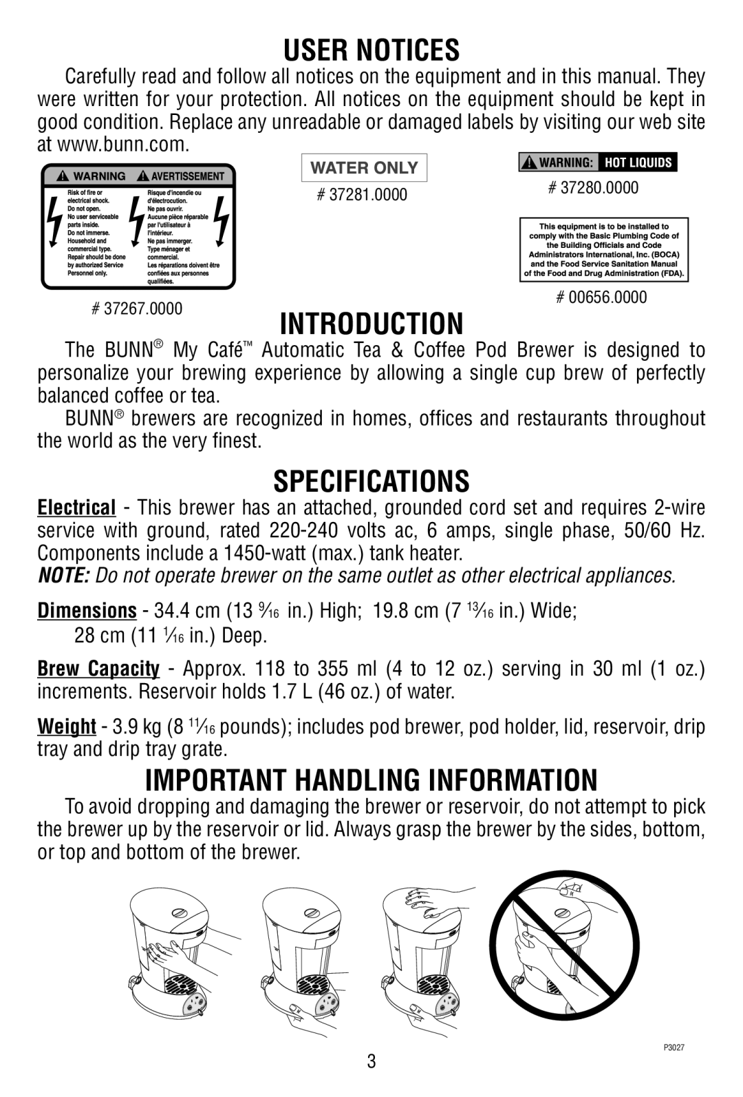 Bunn MCAA manual User Notices Introduction, Specifications, Important Handling Information 