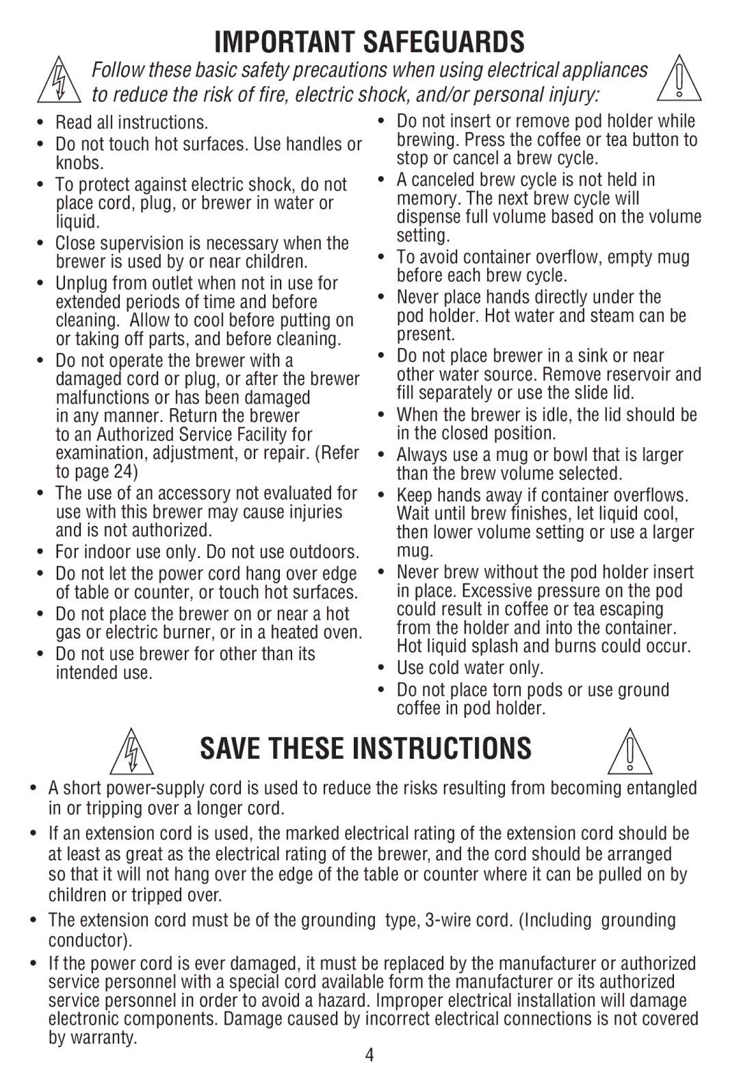 Bunn MCAA manual Important Safeguards, Do not use brewer for other than its intended use 