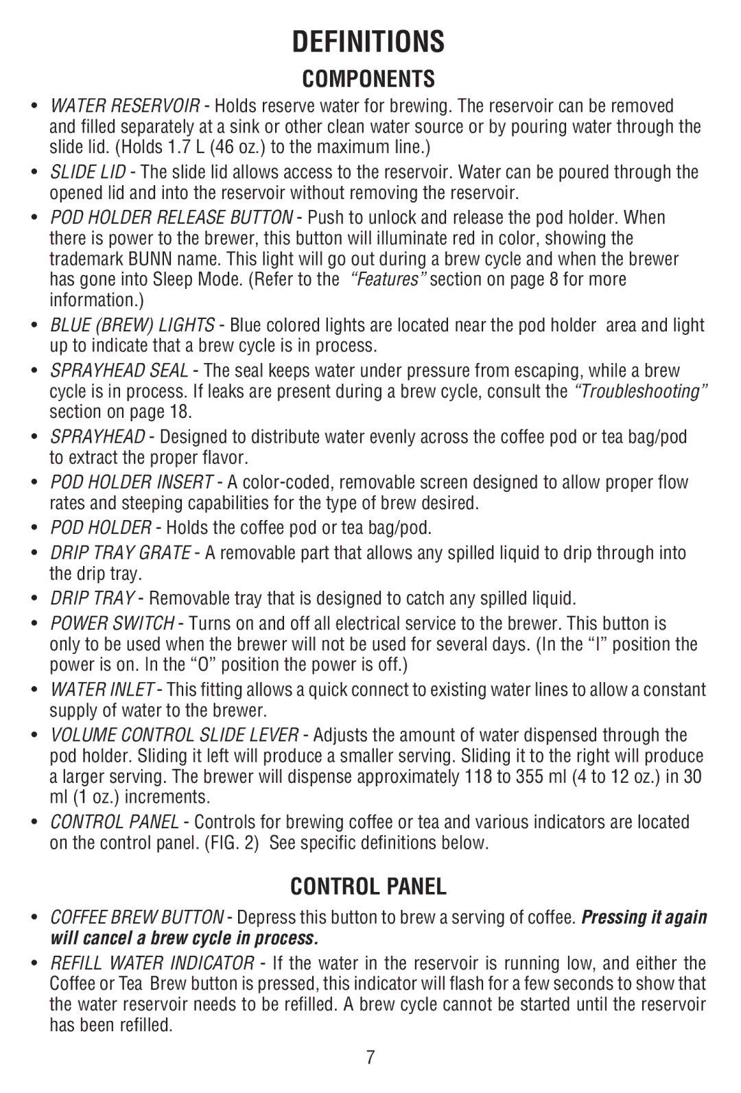 Bunn MCAA manual Definitions, Components, Control Panel 