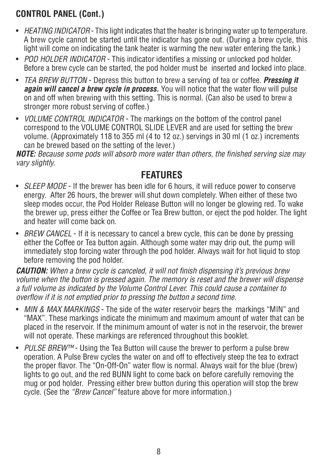 Bunn MCAA manual Features, Control Panel 