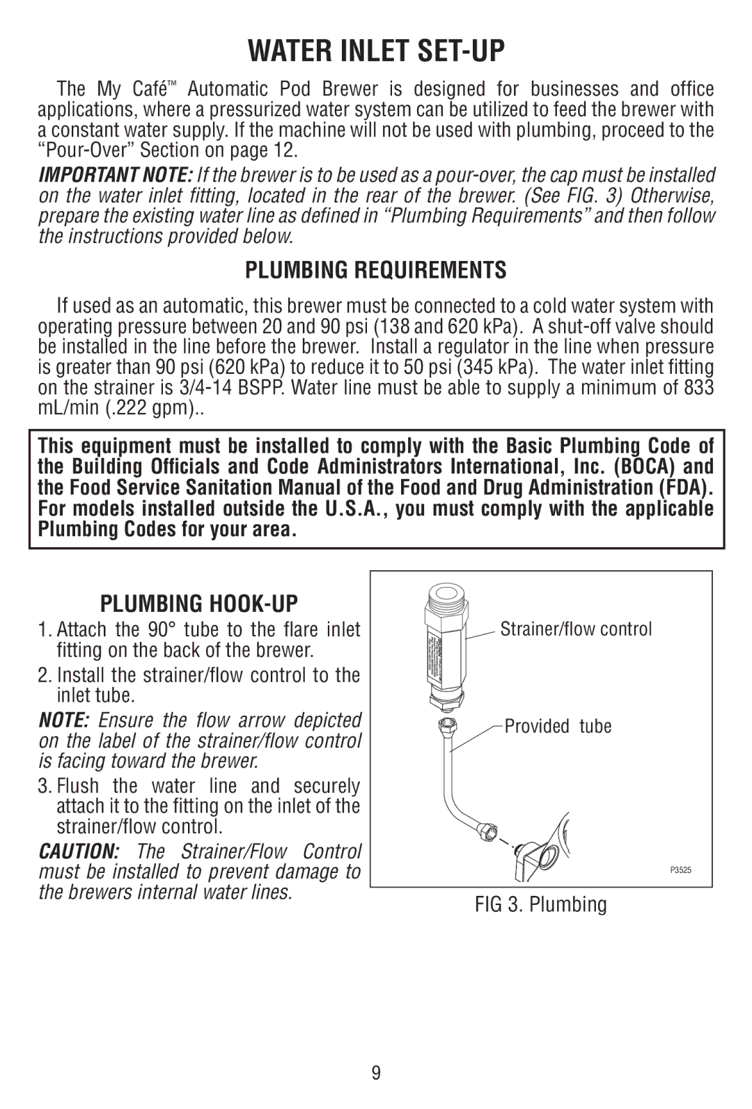 Bunn MCAA manual Water Inlet SET-UP, Plumbing Requirements, Plumbing HOOK-UP, Strainer/ﬂow control Provided tube 