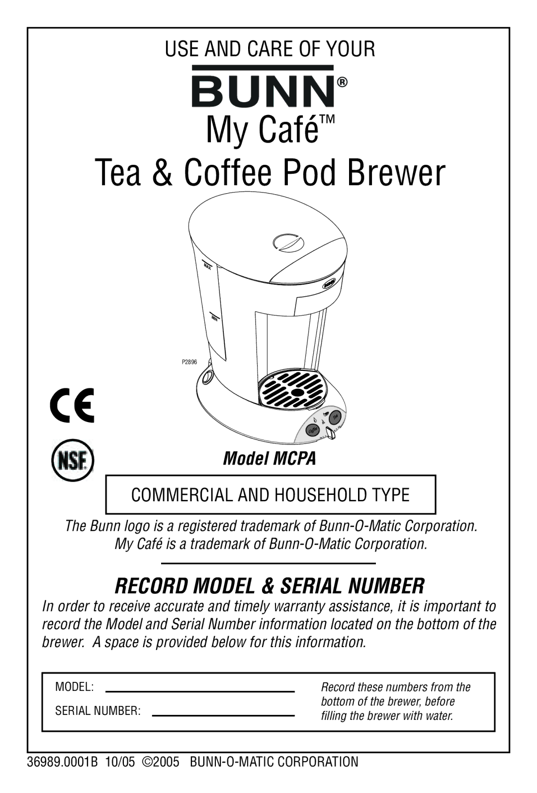 Bunn MCPA manual My Café Tea & Coffee Pod Brewer 