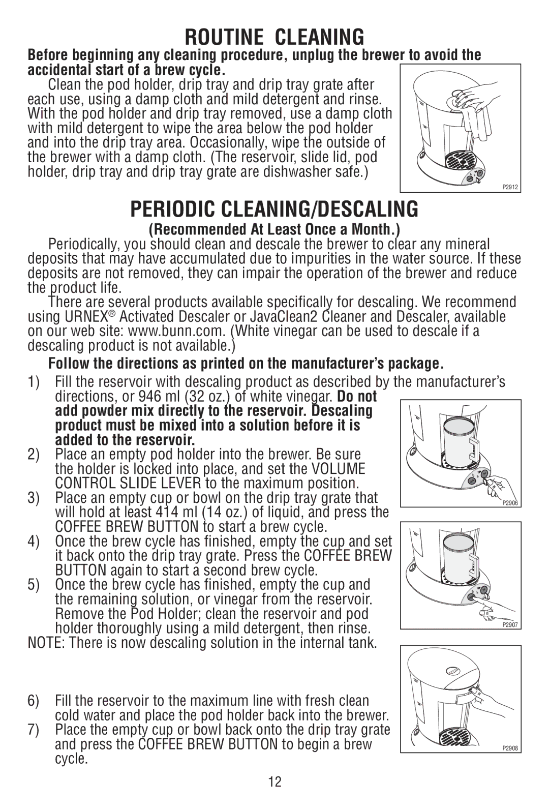 Bunn MCPA manual Routine Cleaning, Periodic CLEANING/DESCALING 