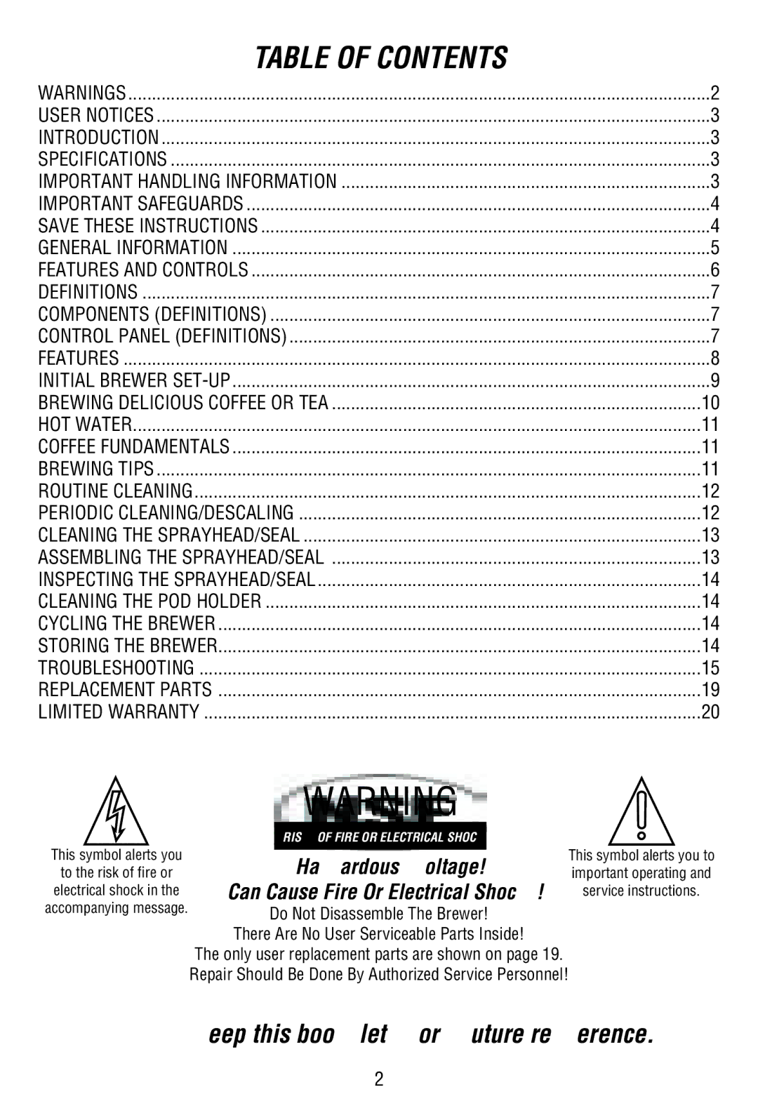 Bunn MCPA manual Table of Contents 