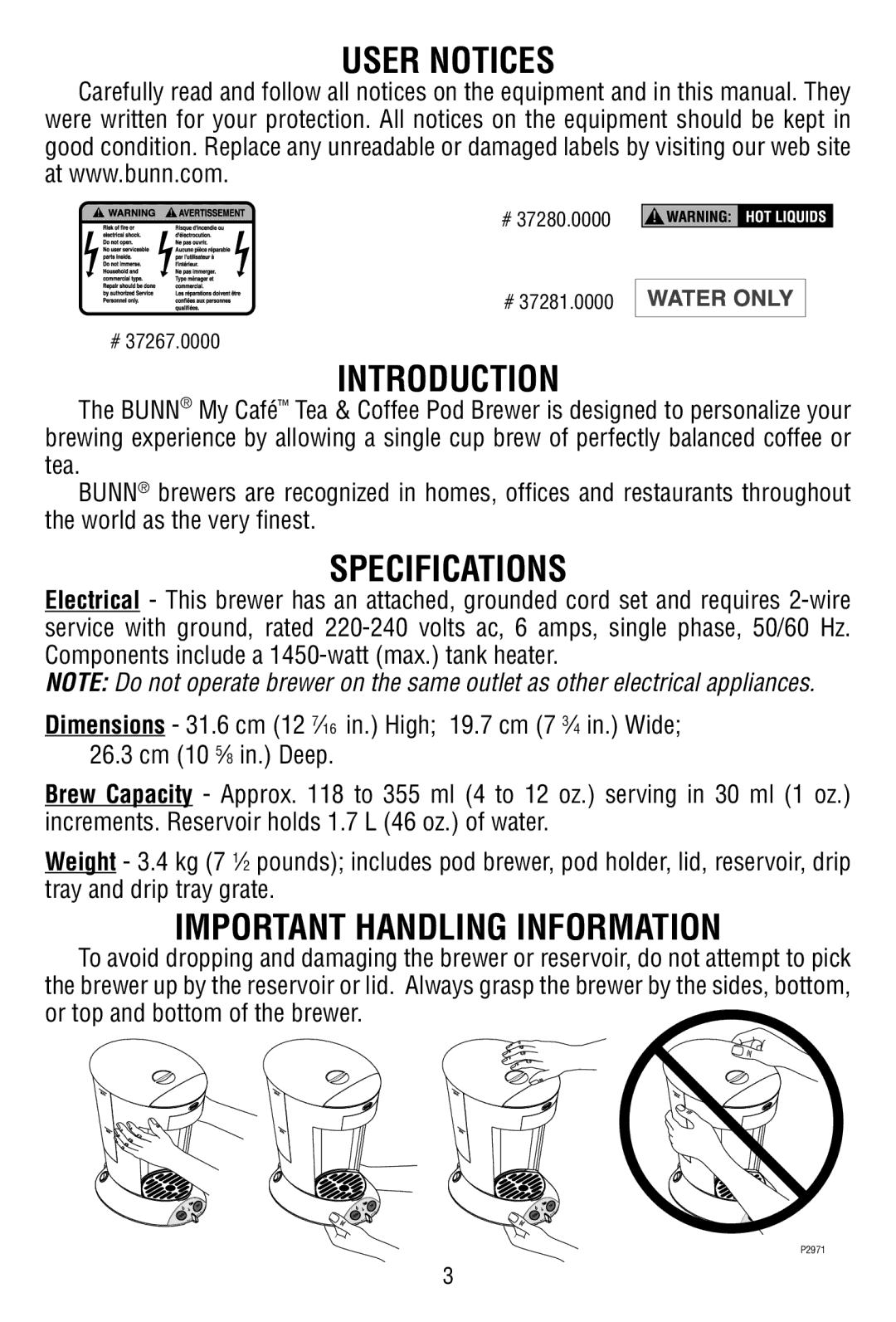 Bunn MCPA manual User Notices Introduction, Specifications, Important Handling Information 