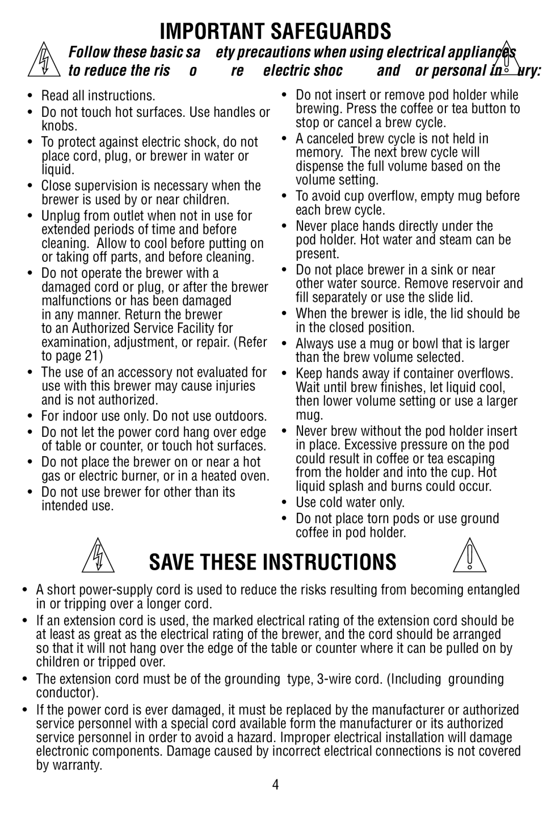 Bunn MCPA manual Important Safeguards, Do not use brewer for other than its intended use 