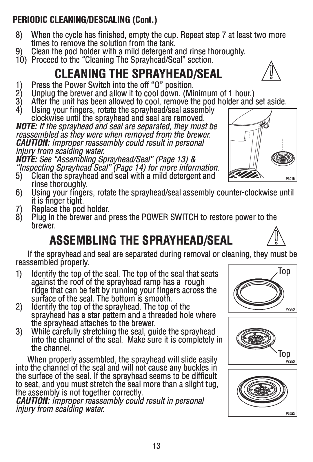 Bunn MCPA manual Cleaning The Sprayhead/Seal, Assembling The Sprayhead/Seal, PERIODIC CLEANING/DESCALING Cont 