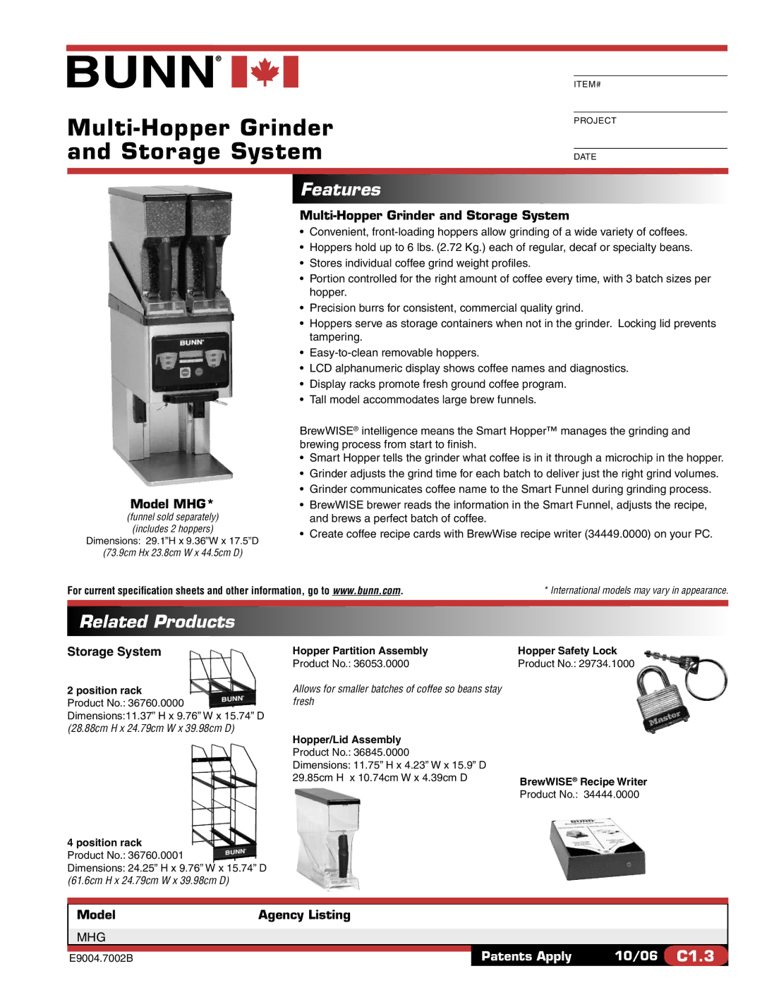 Bunn MHG specifications Features, Related Products 