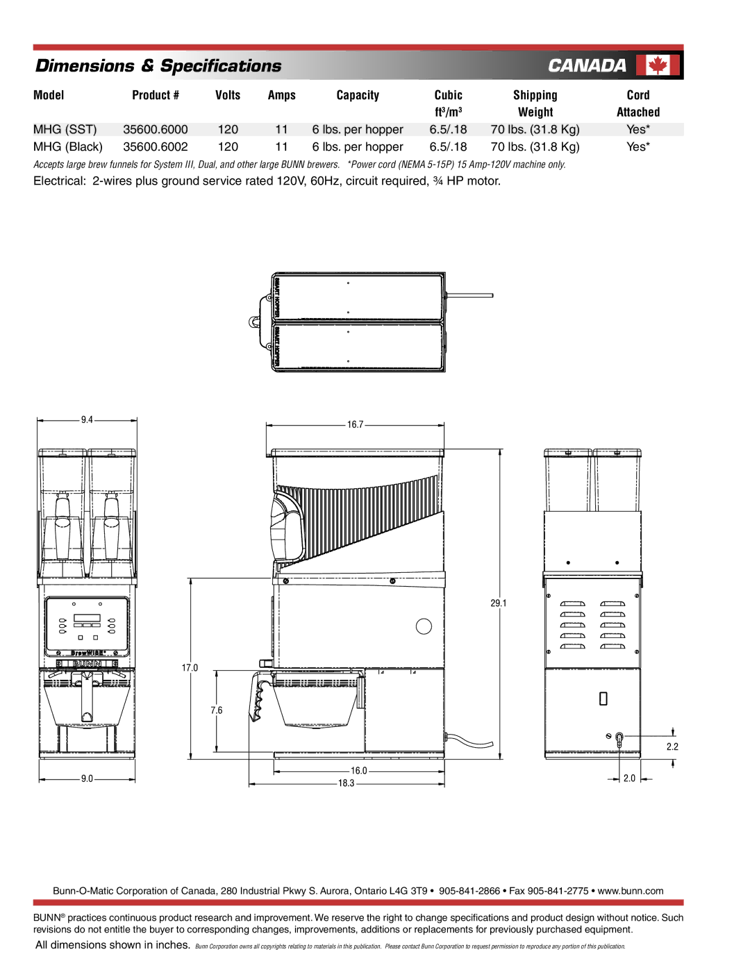 Bunn MHG specifications Model, Volts, Shipping, Weight 