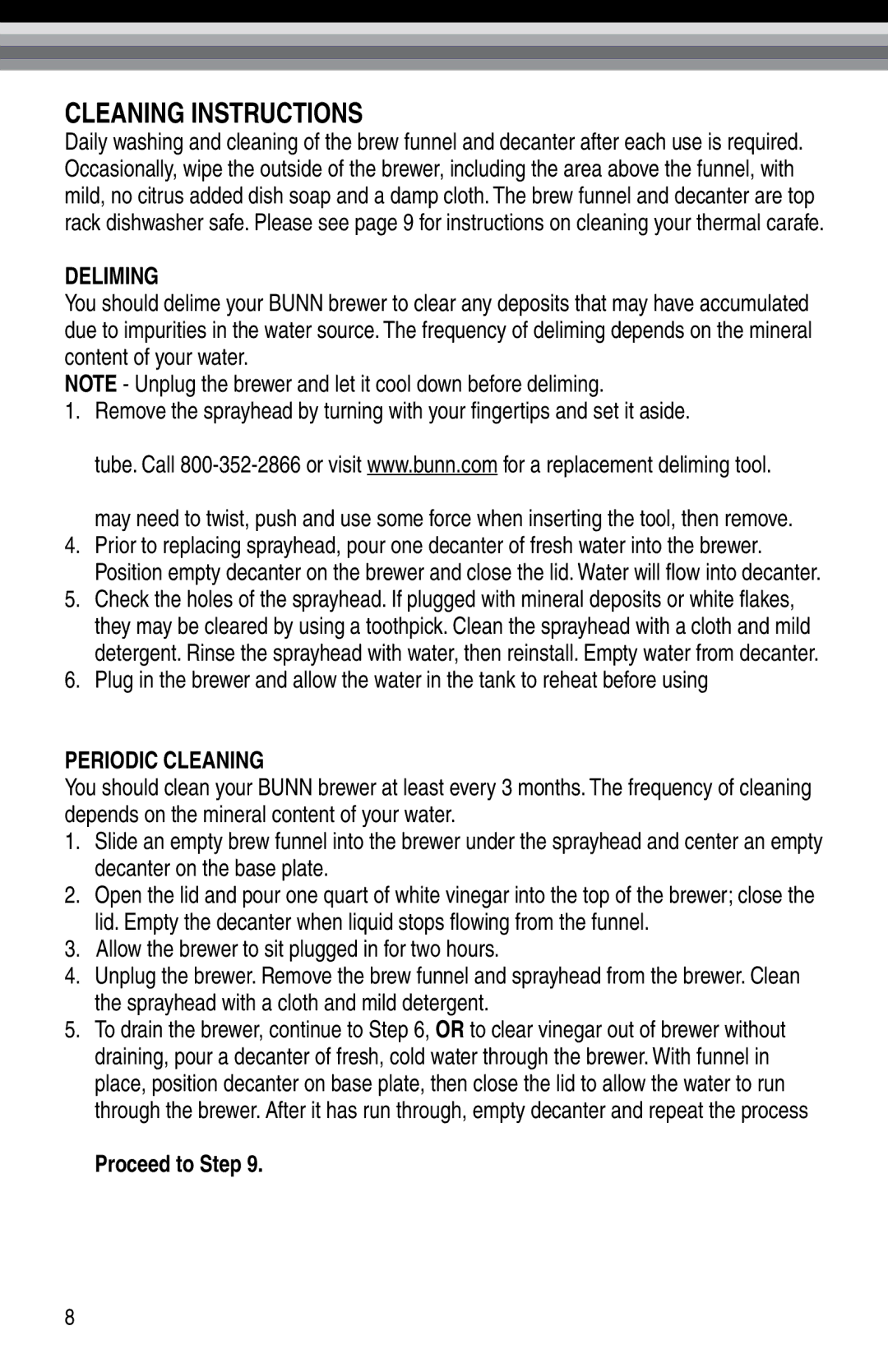 Bunn NHBX, Bunn BTX-B manual Cleaning Instructions, Proceed to Step 