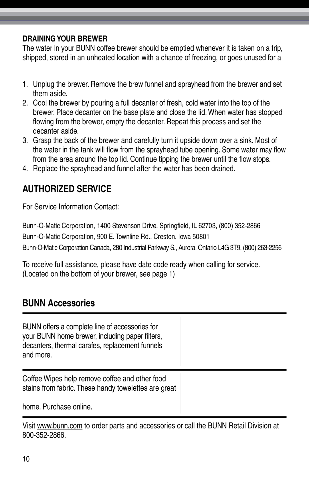 Bunn NHBX, Bunn BTX-B manual Authorized Service, Bunn Accessories, For Service Information Contact 