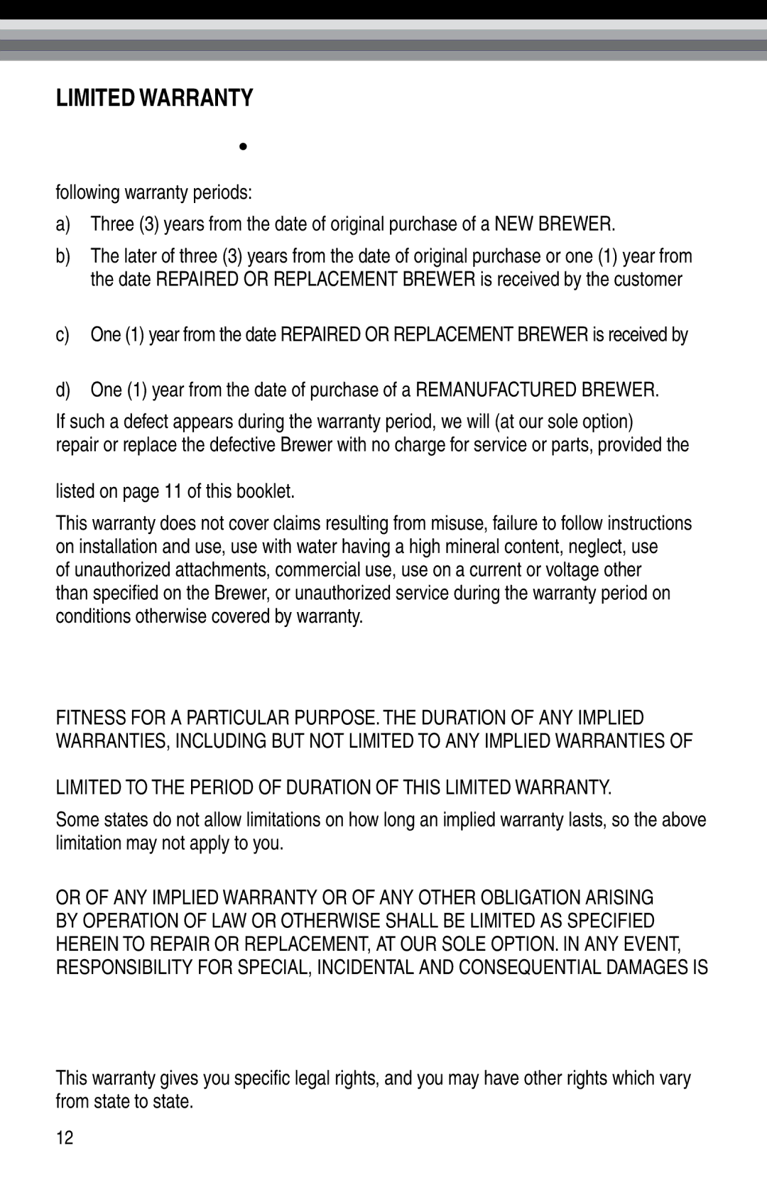 Bunn NHBX, Bunn BTX-B manual Limited Warranty 