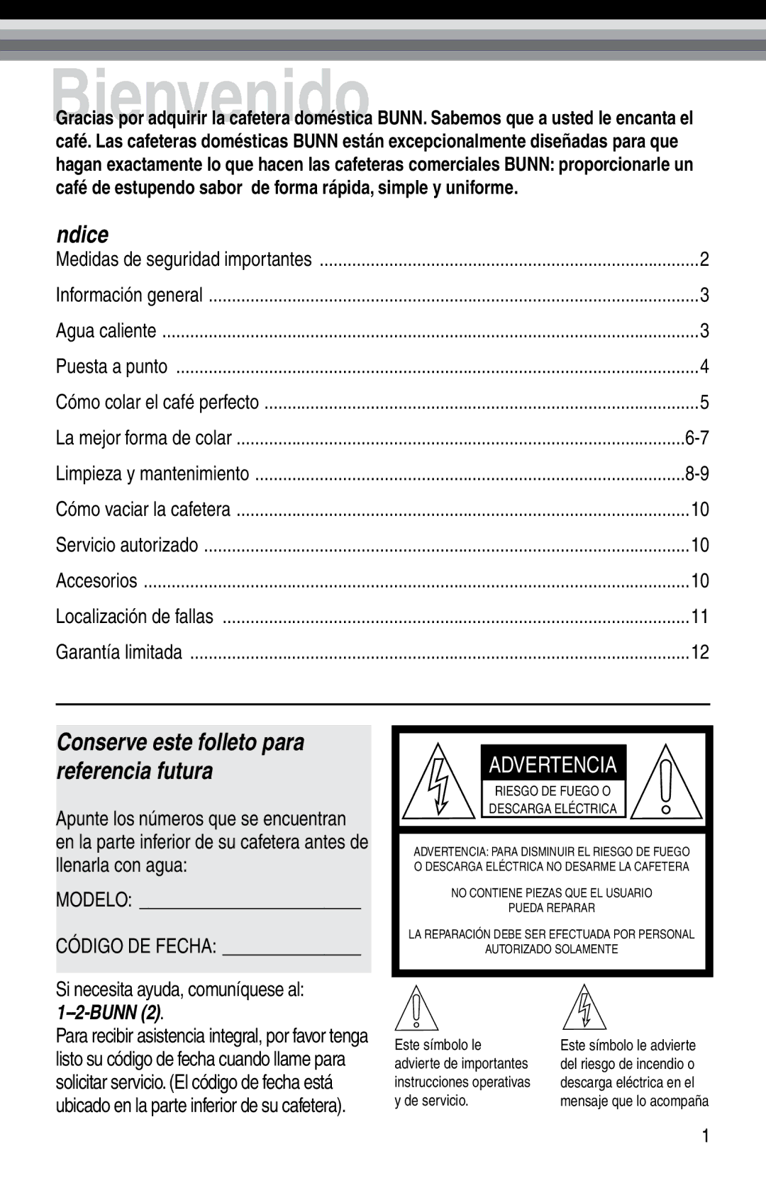 Bunn Bunn BTX-B, NHBX manual Índice, Conserve este folleto para referencia futura, Si necesita ayuda, comuníquese al 