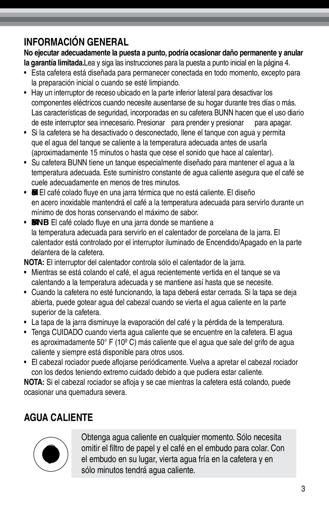 Bunn Bunn BTX-B, NHBX manual Información General, Agua Caliente 