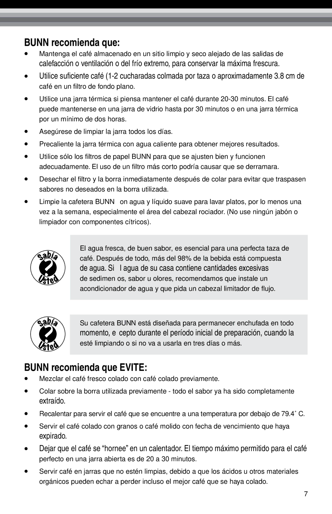 Bunn Bunn BTX-B, NHBX manual Bunn recomienda que Evite 