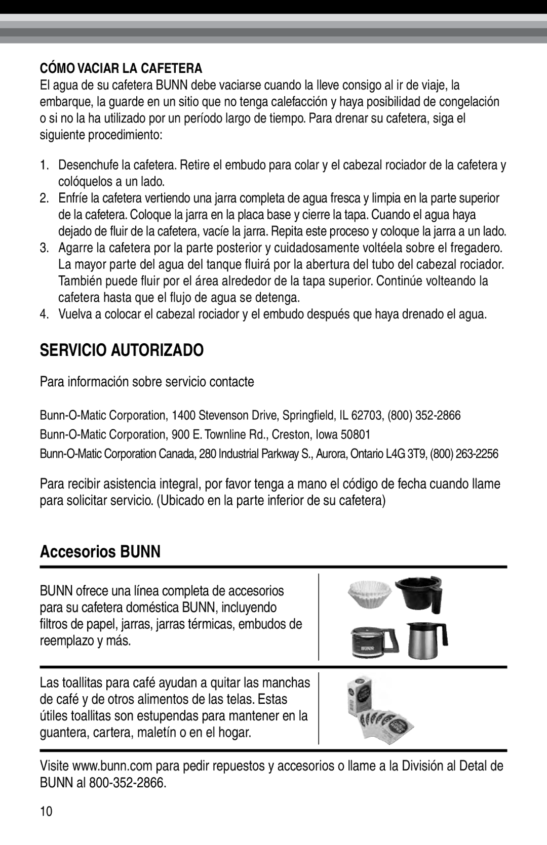 Bunn NHBX, Bunn BTX-B manual Servicio Autorizado, Accesorios Bunn, Para información sobre servicio contacte 