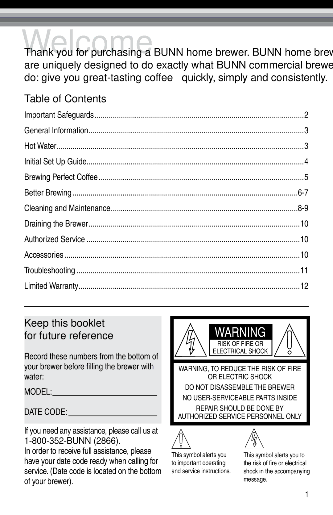 Bunn Bunn BTX-B, NHBX manual Welcome, Table of Contents 