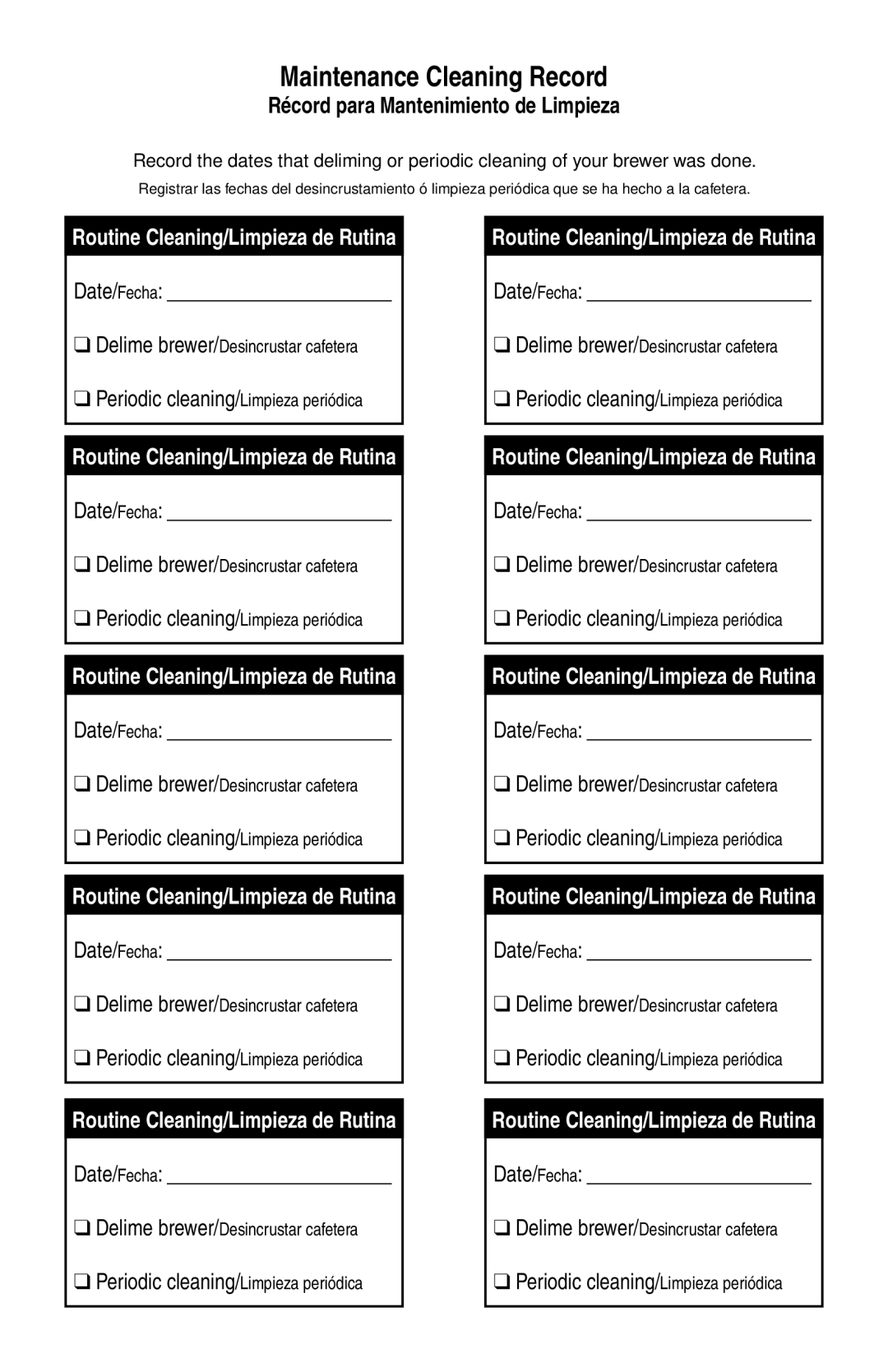 Bunn Bunn BTX-B, NHBX manual Maintenance Cleaning Record, Récord para Mantenimiento de Limpieza 