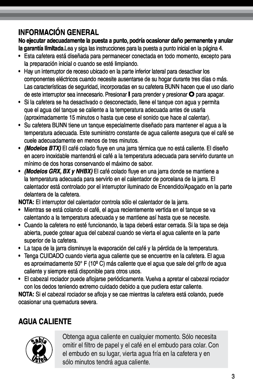 Bunn Bunn BTX-B, NHBX manual Información General, Agua Caliente 