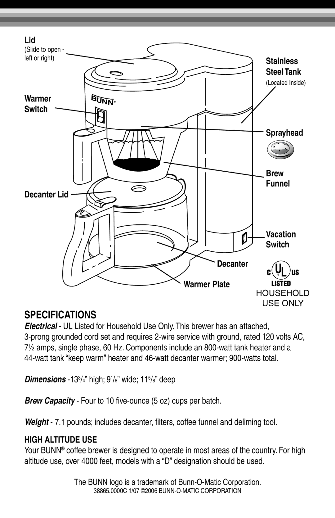 Bunn NHBX-W, NHBX-B manual Specifications, High Altitude USE 