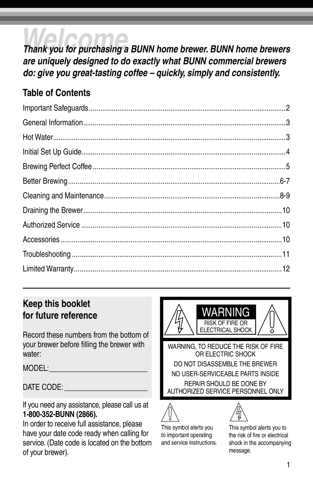 Bunn NHBX-B, NHBX-W manual Welcome, Table of Contents 