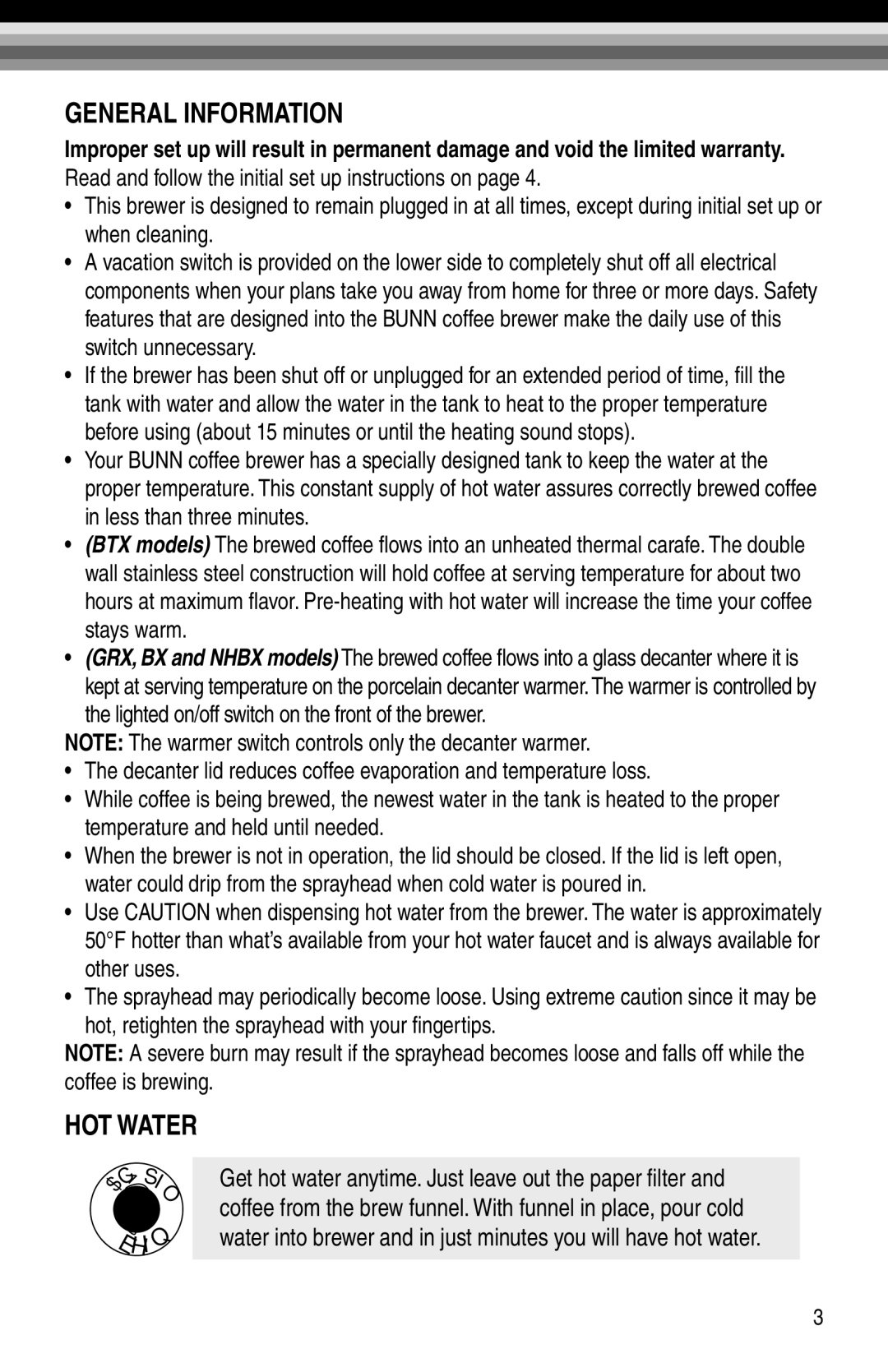 Bunn NHBX-B, NHBX-W manual General Information, HOT Water 