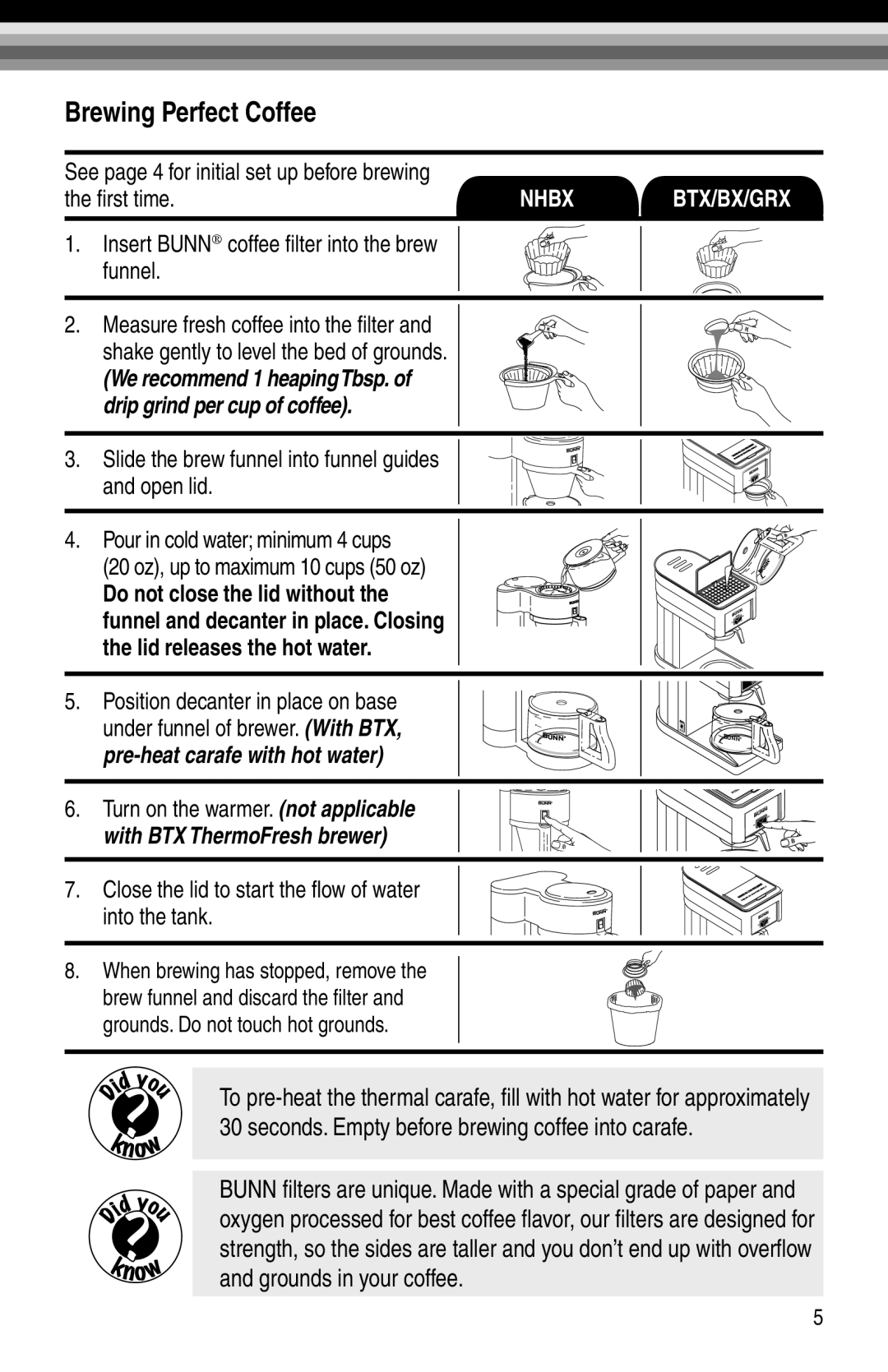 Bunn NHBX-B, NHBX-W manual Brewing Perfect Coffee, See page 4 for initial set up before brewing, ﬁrst time 
