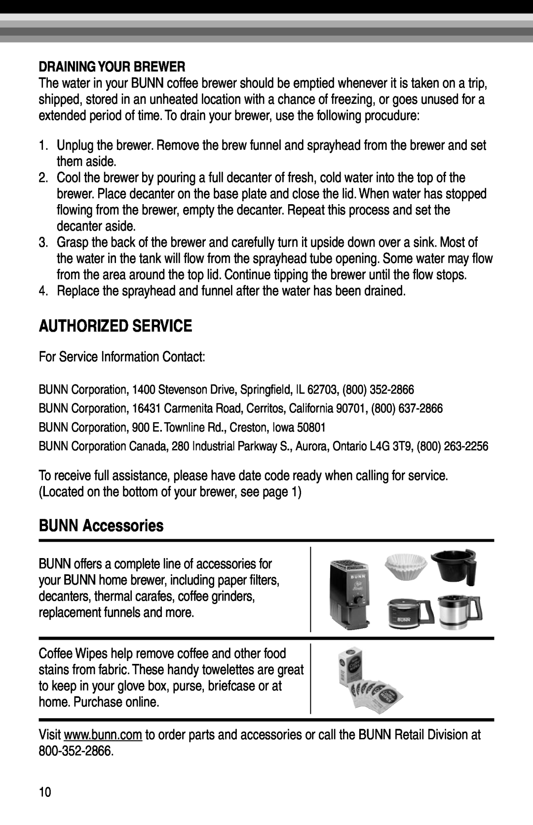 Bunn NHBX-W, NHBX-B manual Authorized Service, BUNN Accessories, Draining Your Brewer 