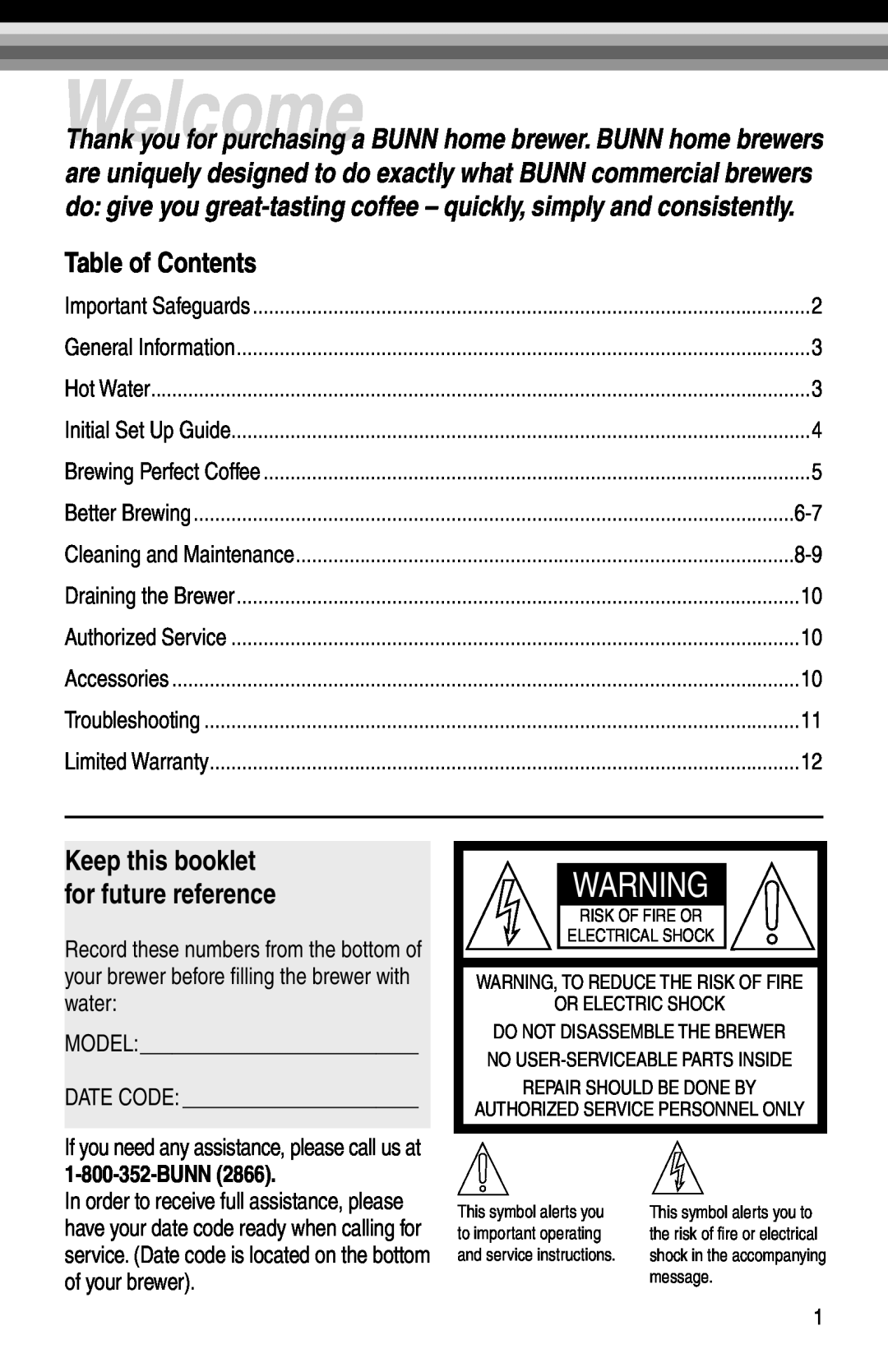 Bunn NHBX-B, NHBX-W manual Table of Contents, Welcome 
